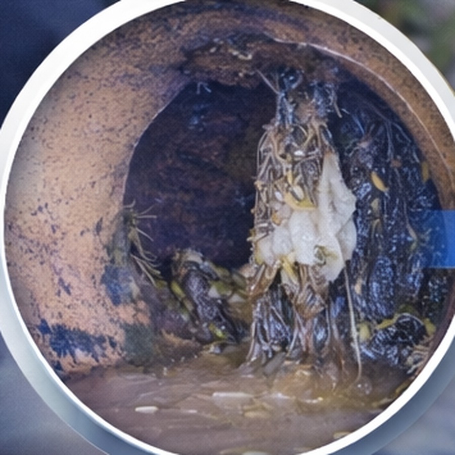 Before: cracked pipe interior blocked with root intrusion and debris, viewed by CCTV camera